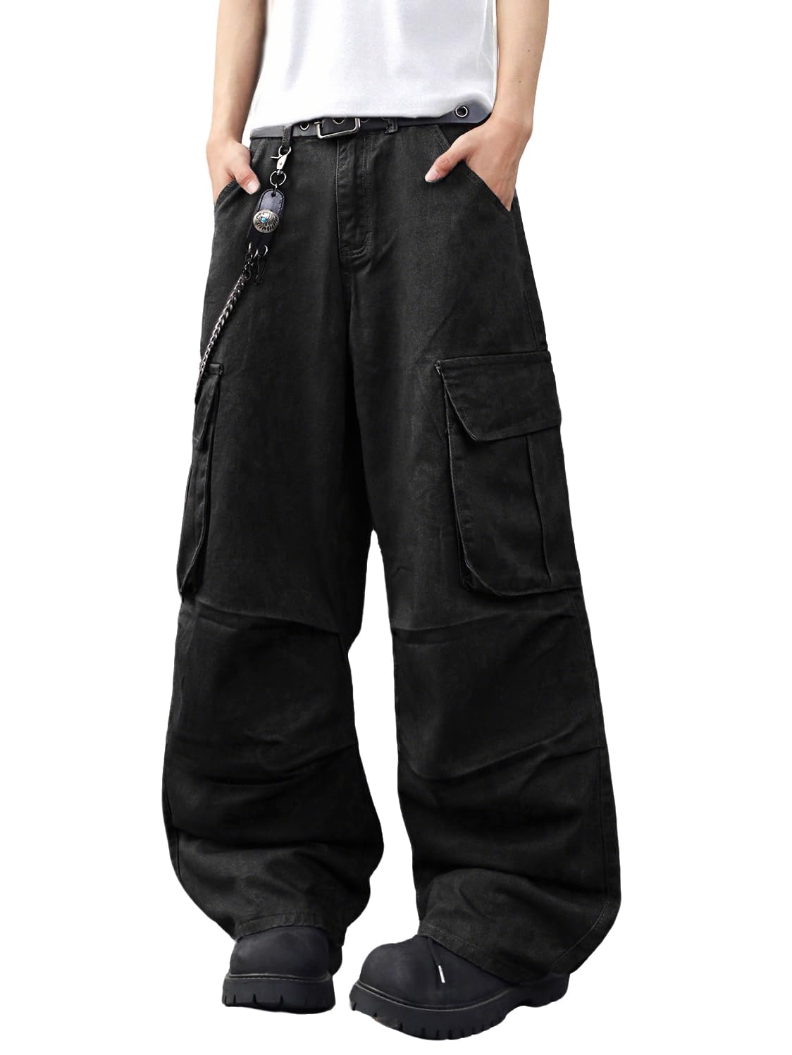 Zewool Men’s Casual Wide-Leg Denim Cargo Pants – Medium Weight Baggy Jeans