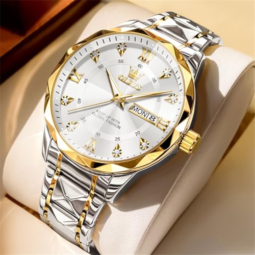 OLEVS Uhren Herren, Klassisches Diamant Edelstahl Wasserdicht Leuchtend Quarzuhr Herren, Römische Ziffern Tag Datum Analoge Geschäft Uhr für Herren