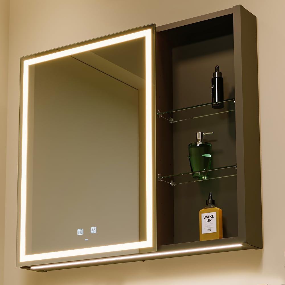 KWW LED Beleuchtetes Badezimmer Medizin Kabinett mit Spiegel, Farbtemperatur Einstellbar, Anti-Nebel Dimmbare Lichter, Steckdosen für USBs (80 x 70 cm)