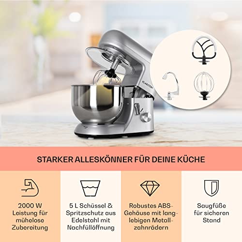 Klarstein Küchenmaschine, Knetmaschine mit 5L Schüssel, 1800W Profi Küchenmaschine mit Knethaken und Schneebesen, Universal Küchenmaschine mit 6 Stufen, Teigmaschine zum Rühren, Kneten und Aufschlagen