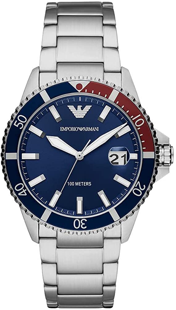 Emporio Armani Uhr für Herren, Quarzwerk und 42mm Gehäusegröße mit Edelstahl-, Leder- oder Silikonarmband