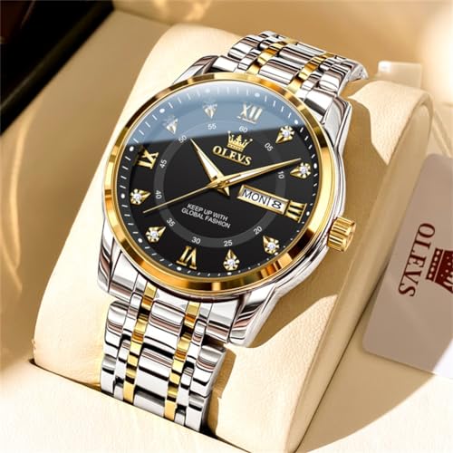 OLEVS Uhren Herren, Klassisches Diamant Edelstahl Wasserdicht Leuchtend Quarzuhr Herren, Römische Ziffern Tag Datum Analoge Geschäft Uhr für Herren