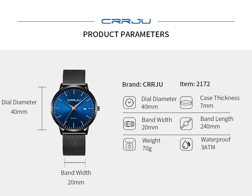 CRRJU Herren Uhr Ultra Dünne Wasserdicht Armbanduhr Herren Mode mit Schwarz Edelstahlband Mesh Analog Quarz Business Männer Uhren
