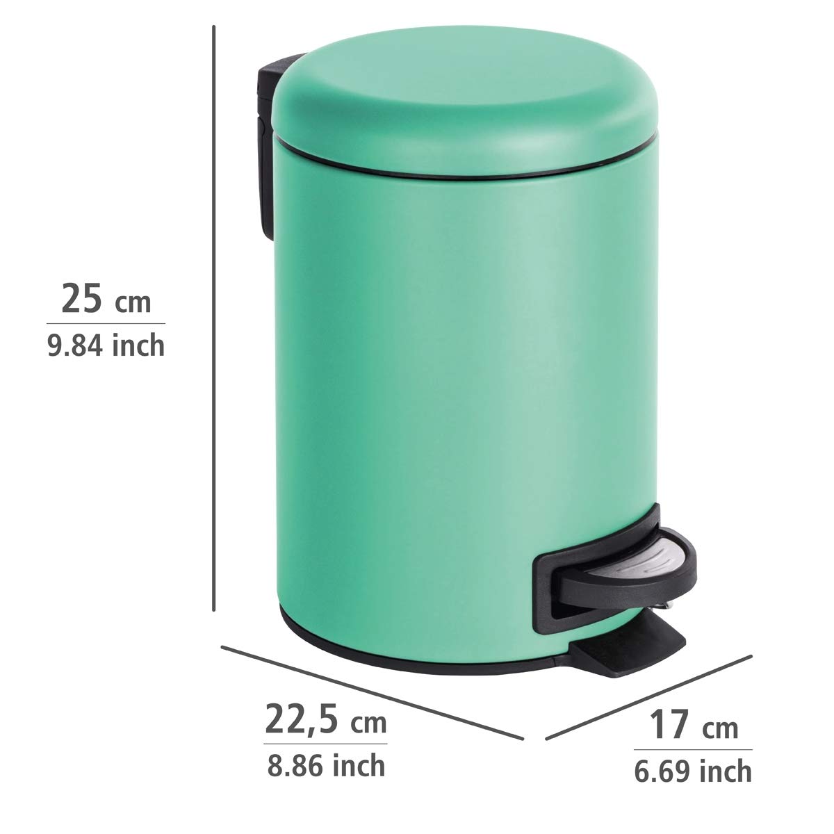 WENKO Treteimer Mod. Leman 3 Liter mit herausnehmbarem Einsatz aus lackiertem Stahl ideal für Badezimmer oder Küche 17 x 25 x 22,5 cm Schwarz matt