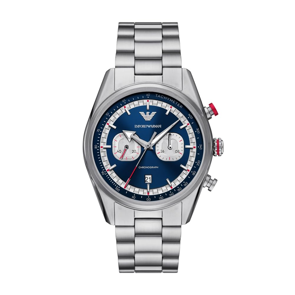 Emporio Armani Uhr für Männer, 2 Unterzifferblätter Chronographenwerk und 43mm Gehäusegröße mit Edelstahl-, Leder- oder Silikonarmband