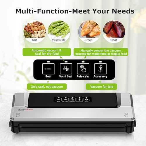 Bonsenkitchen Vakuumiergerät, Vakuumierer Folienschweißgerät für Sous Vide Kochen und Lebensmittel Bleiben bis zu 6x Länger Frisch, 40 Vakuumbeutel Inklusive (Sliber)