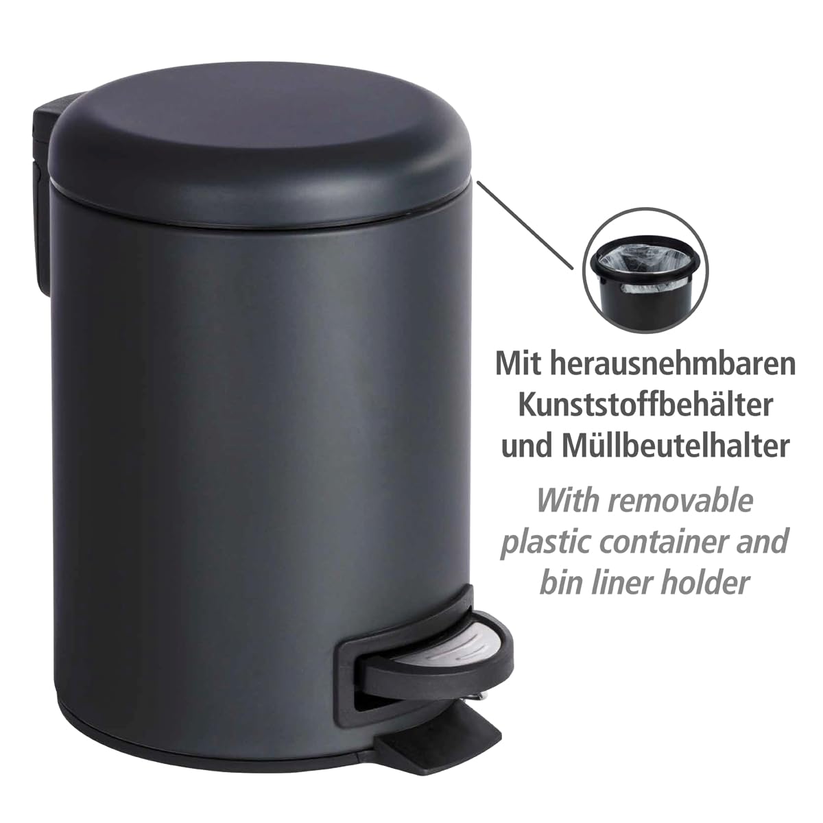 WENKO Treteimer Mod. Leman 3 Liter mit herausnehmbarem Einsatz aus lackiertem Stahl ideal für Badezimmer oder Küche 17 x 25 x 22,5 cm Schwarz matt