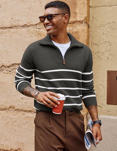 PJ PAUL JONES Men’s Quarter Zip Sweater – Striped Mock Neck Pullover