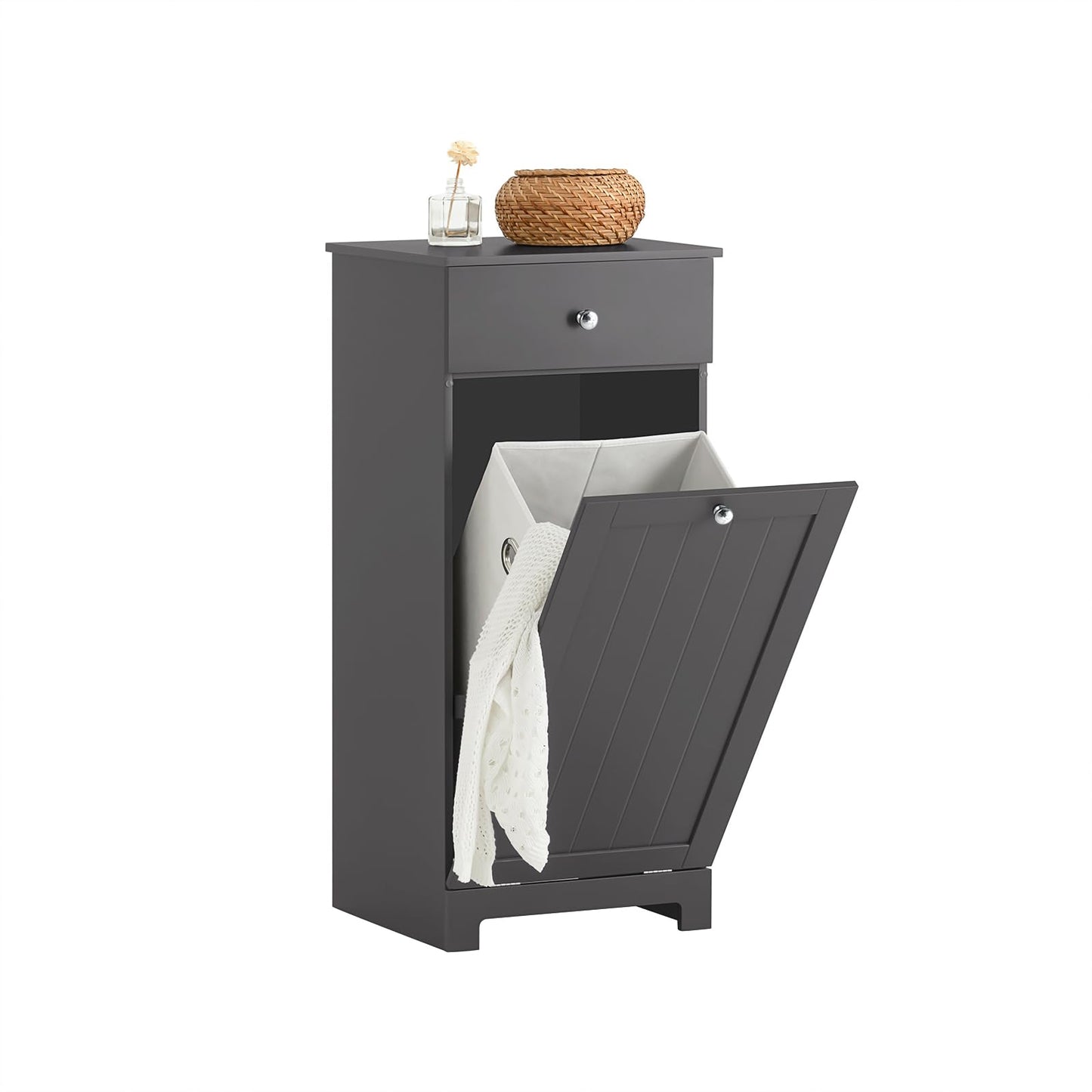 SoBuy Badezimmerschrank mit Wäschekorb Schmaler Badschrank Hoch Badregal Stehend mit 6 Ablagen und 2 Schubladen Wäscheschrank Schmal für Badezimmer Nische Weiß 60x37x171 cm BZR104-W