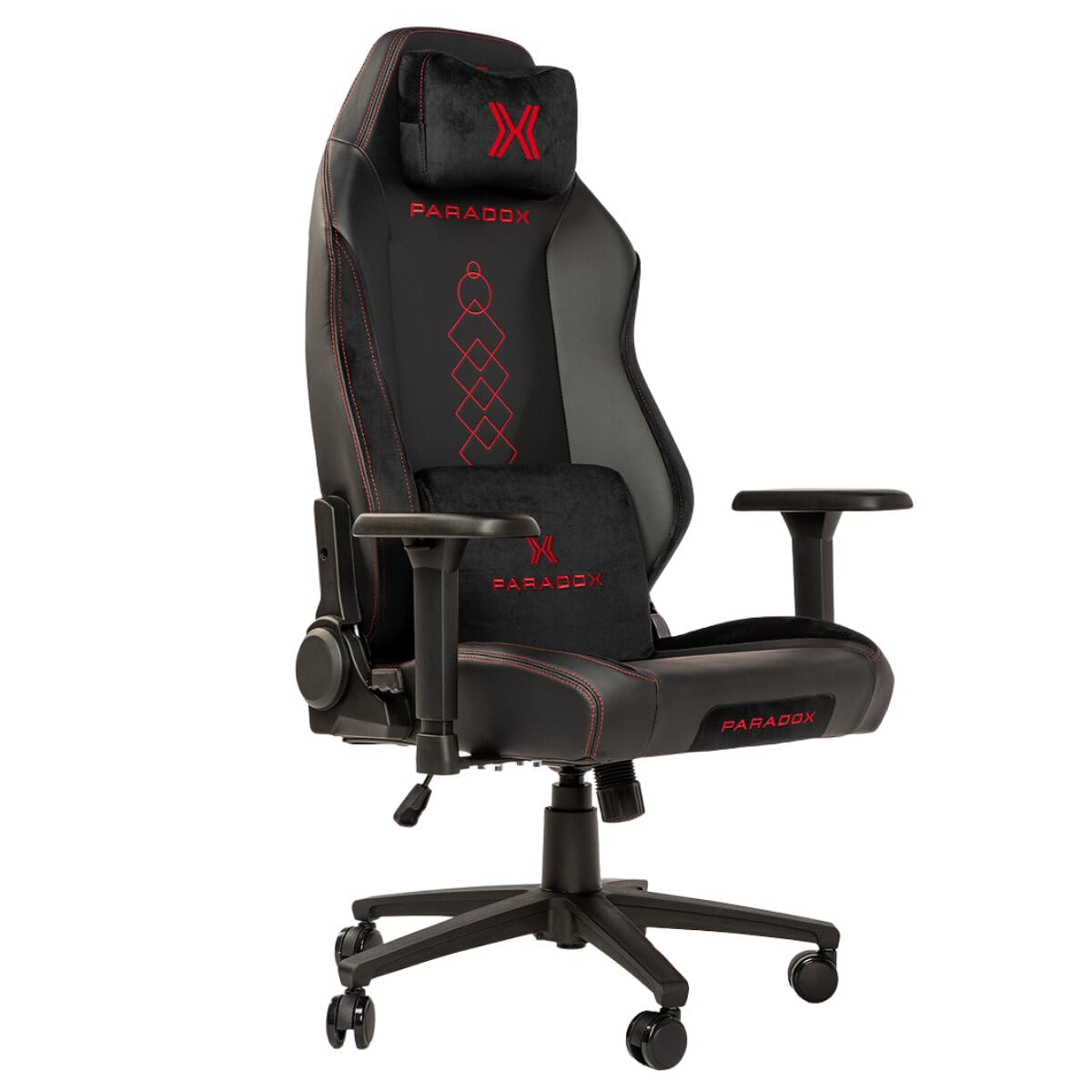 PARADOX - Gaming Stuhl - Schreibtischstuhl Ergonomisch - Verstellbare Armlehnen und Rückenlehne, Liegefunktion, Kissen, 125 kg Belastbar - Vanguard Crimson Arovs, Schwarz, Rot, Pfeil-Muster