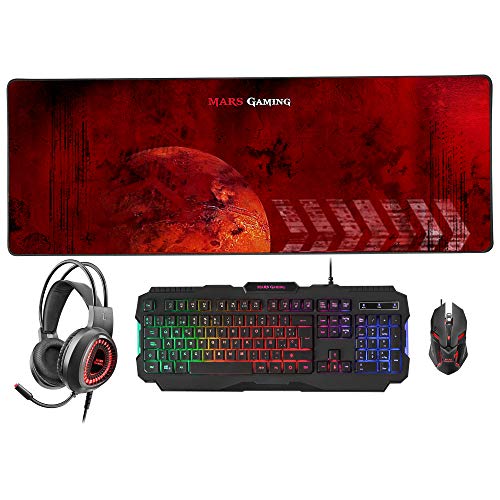 MARSGAMING MCP-RGB3, Pack Gaming Keyboard Fixed RGB + Gaming Mouse RGB Flow 3200 DPI + Headset Over-Ear RGB + XXL Mouse Pad, White, Portuguese Language