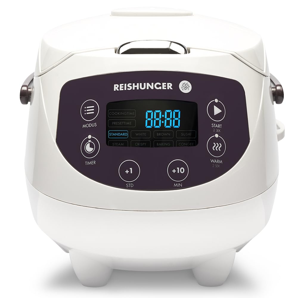 REISHUNGER Digitaler Reiskocher klein, schwarz | 0,6 L bis 3 Personen | Warmhaltefunktion, Timer & Premium Topf | Kleiner Multikocher & Dampfgarer, 8 Programme, 7-Phasen-Technologie