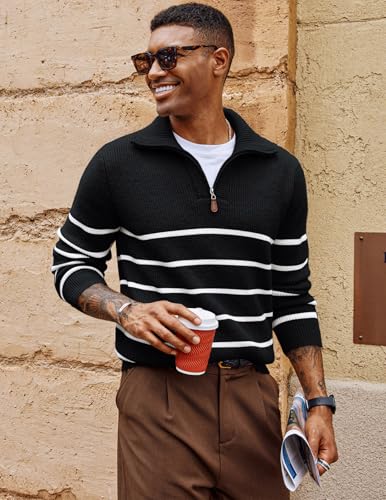 PJ PAUL JONES Men’s Quarter Zip Sweater – Striped Mock Neck Pullover