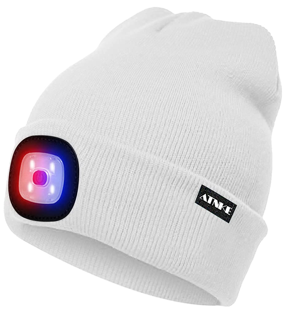 ATNKE LED Beleuchtete Mütze,Wiederaufladbare USB 4 LED Rot und Blau Leuchten Blinkender Laufmütze mit Licht Extrem Heller Lampe Winter Warme für Herren und Damen Geschenke