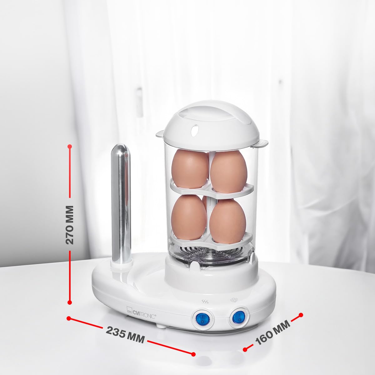 Clatronic® 2in1 Hot Dog Maker & Eierkocher | Hotdog Maker Set für 1-14 Würstchen | Egg Cooker für bis zu 6 Eiern | mit beheiztem Edelstahl-Aufsteckdorn | inkl. Messbecher mit Eipicker | HDM 3420 EK N
