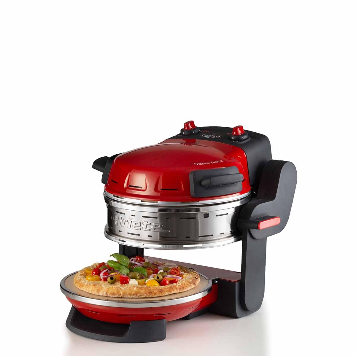 Ariete Pizzaofen 919, 4-Minuten-Pizza, Pizzaofen mit 5 Garstufen, Feuerfeste Platte zum Wiederaufwärmen, Holzbrettchen im Lieferumfang Enthalten, Max. Temperatur 400°C, 1200W, Rot