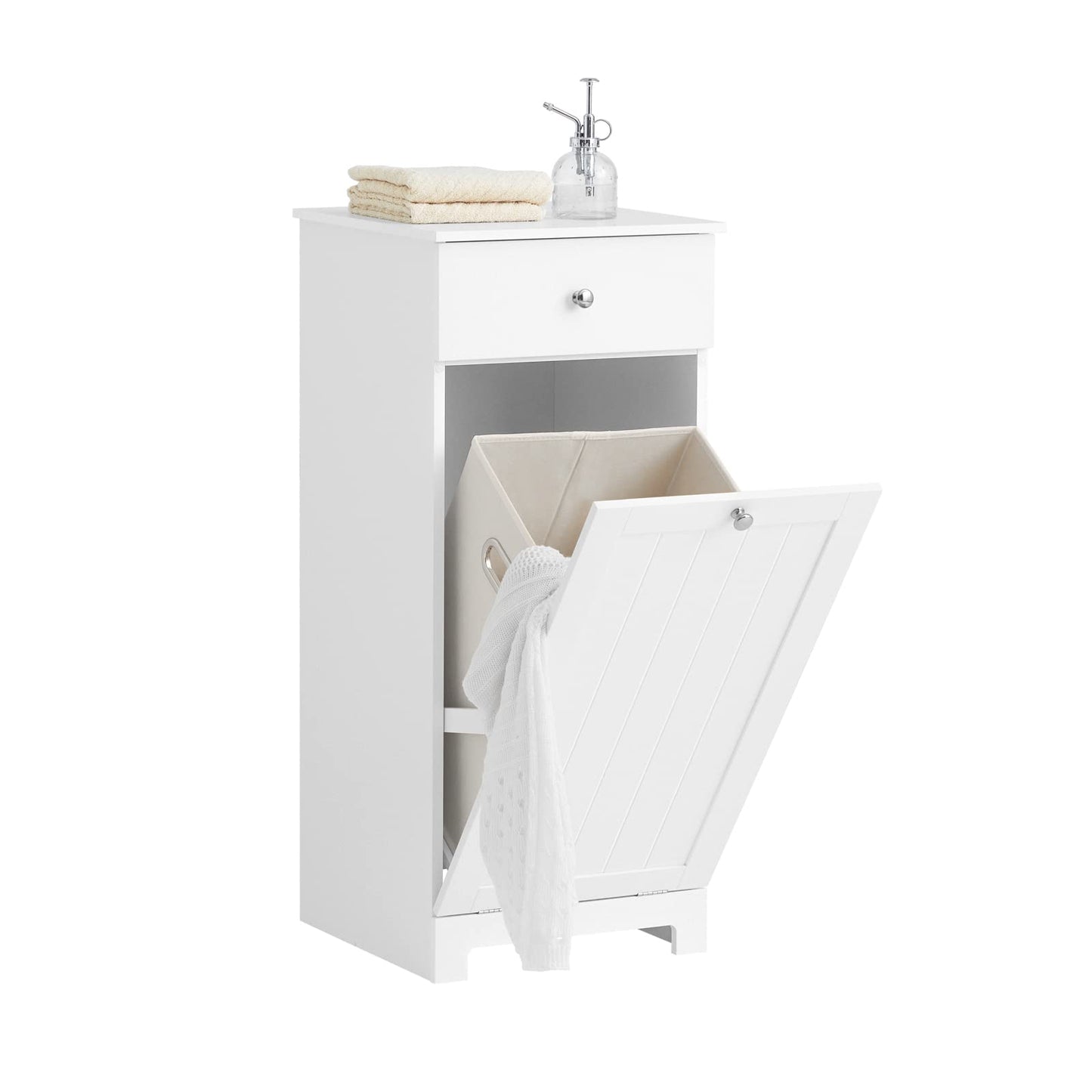 SoBuy Badezimmerschrank mit Wäschekorb Schmaler Badschrank Hoch Badregal Stehend mit 6 Ablagen und 2 Schubladen Wäscheschrank Schmal für Badezimmer Nische Weiß 60x37x171 cm BZR104-W