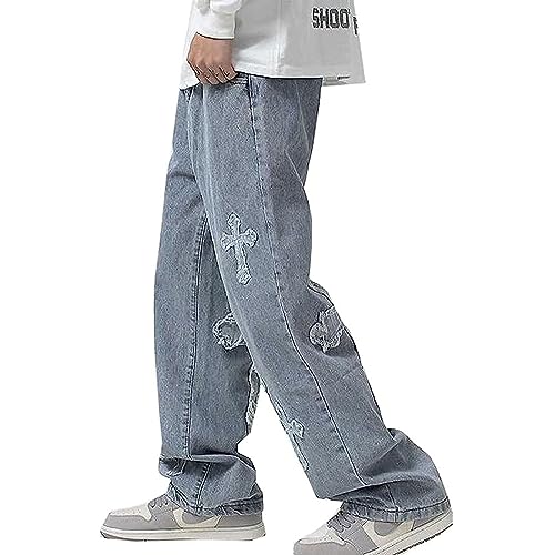 Y2K Vintage Effect Baggy Jeans for Men with Cross Print