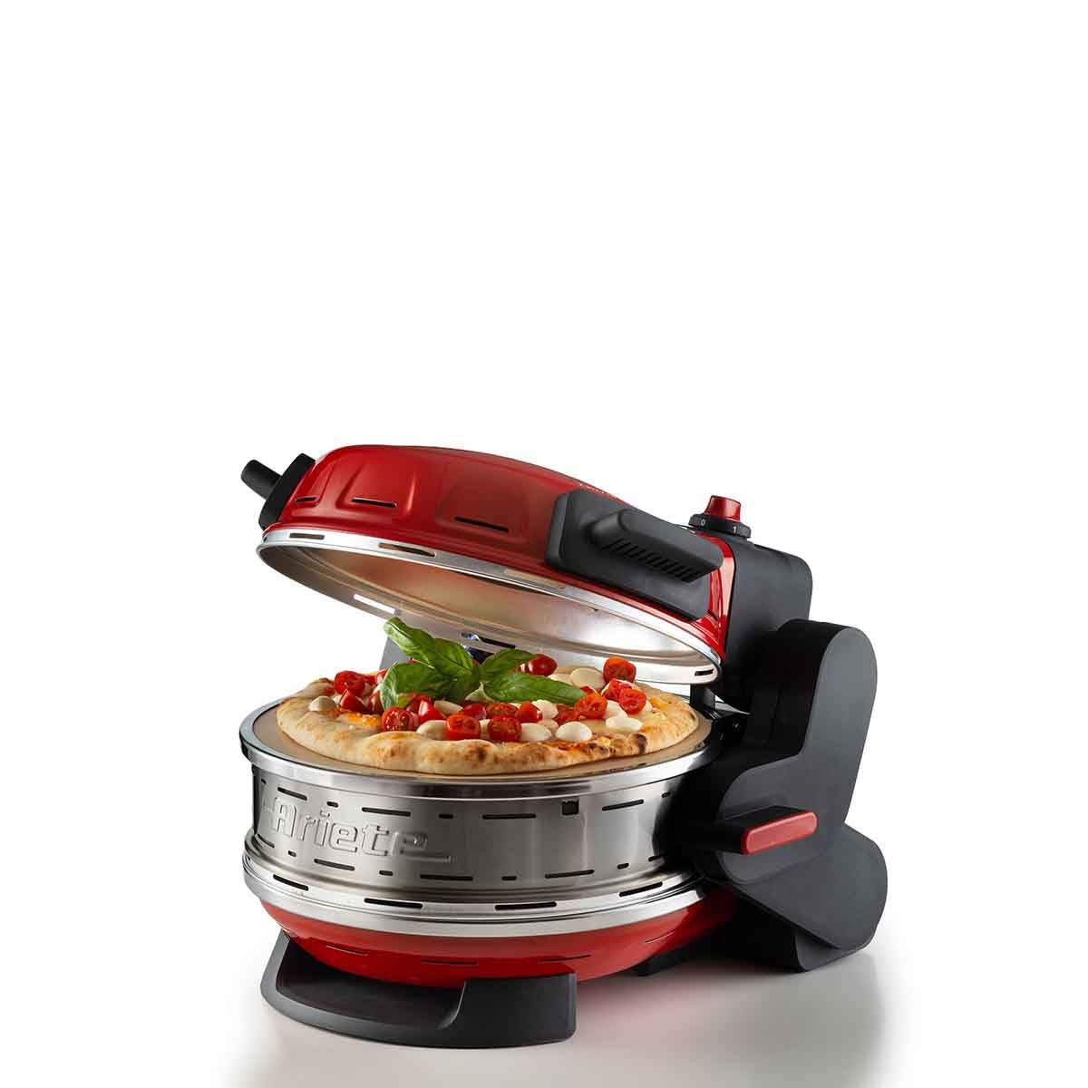 Ariete Pizzaofen 919, 4-Minuten-Pizza, Pizzaofen mit 5 Garstufen, Feuerfeste Platte zum Wiederaufwärmen, Holzbrettchen im Lieferumfang Enthalten, Max. Temperatur 400°C, 1200W, Rot