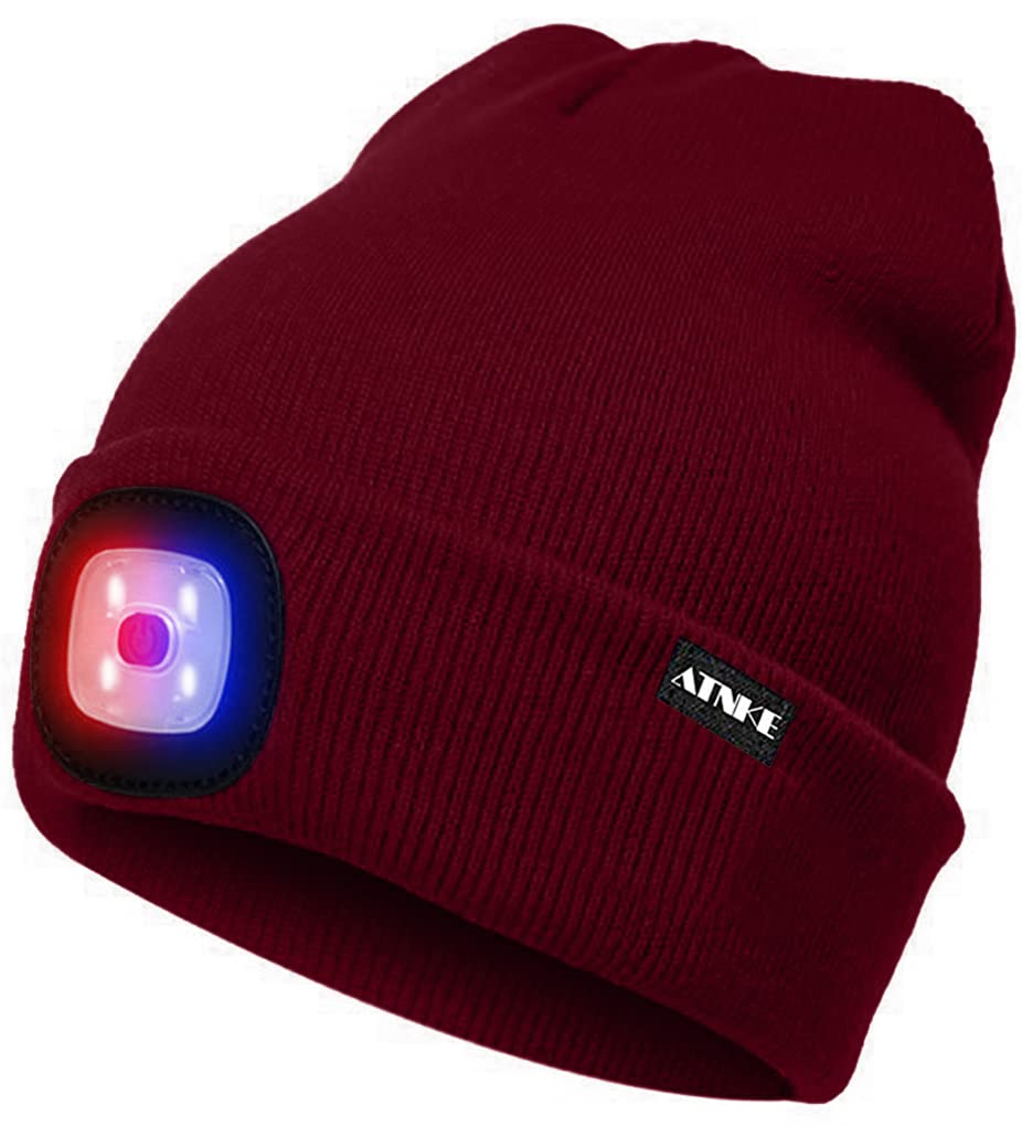 ATNKE LED Beleuchtete Mütze,Wiederaufladbare USB 4 LED Rot und Blau Leuchten Blinkender Laufmütze mit Licht Extrem Heller Lampe Winter Warme für Herren und Damen Geschenke