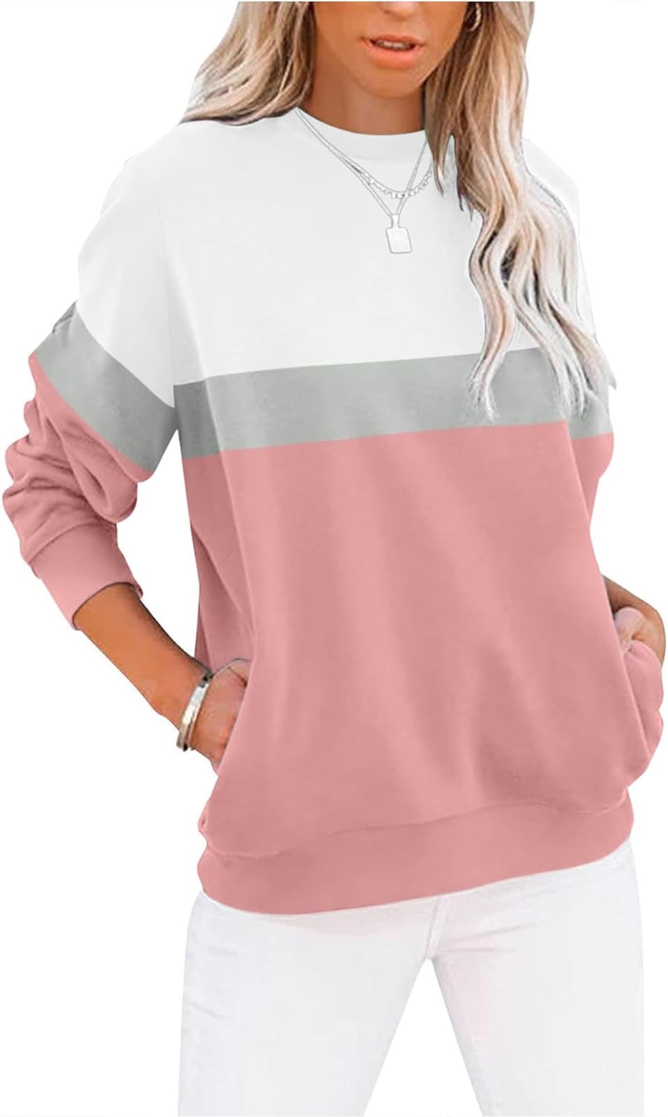 BUHIM Women’s Colorblock Sweatshirt – Casual Crewneck Long Sleeve Pullover