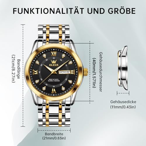 OLEVS Uhren Herren, Klassisches Diamant Edelstahl Wasserdicht Leuchtend Quarzuhr Herren, Römische Ziffern Tag Datum Analoge Geschäft Uhr für Herren