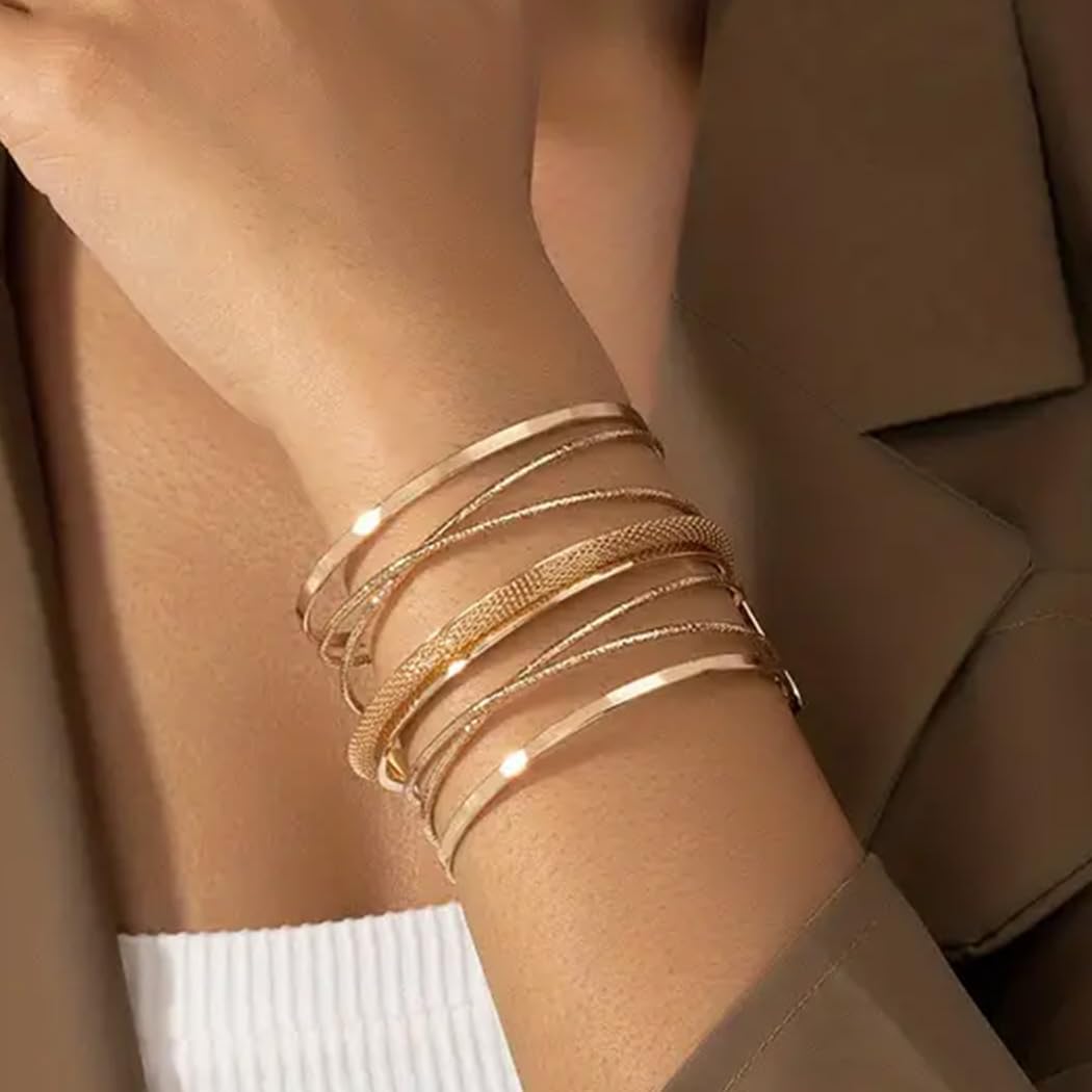 Jovono Boho Hollow Cuff Bracelet – Gold-Tone Layered Bangle