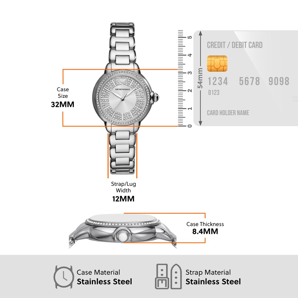 Emporio Armani Damenuhr, Dreizeiger Quarzwerk und 32mm Gehäusegröße mit Edelstahl-, Leder- oder Silikonarmband