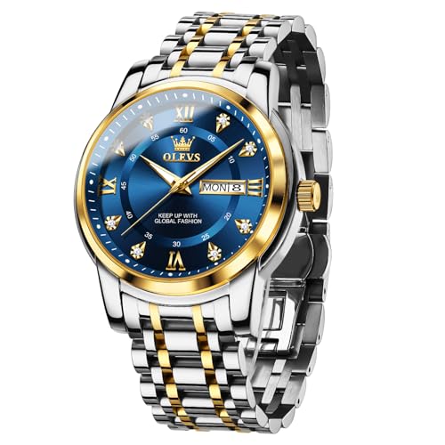 OLEVS Uhren Herren, Klassisches Diamant Edelstahl Wasserdicht Leuchtend Quarzuhr Herren, Römische Ziffern Tag Datum Analoge Geschäft Uhr für Herren