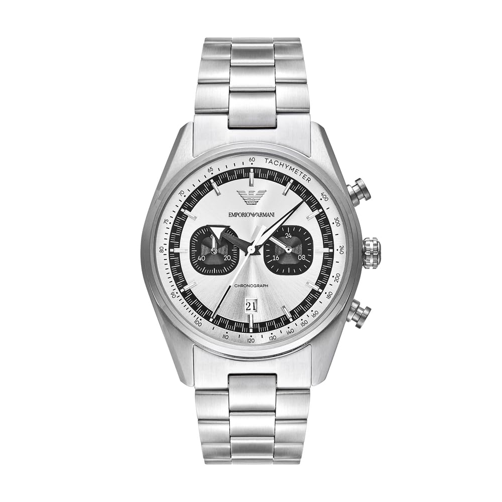 Emporio Armani Uhr für Männer, 2 Unterzifferblätter Chronographenwerk und 43mm Gehäusegröße mit Edelstahl-, Leder- oder Silikonarmband