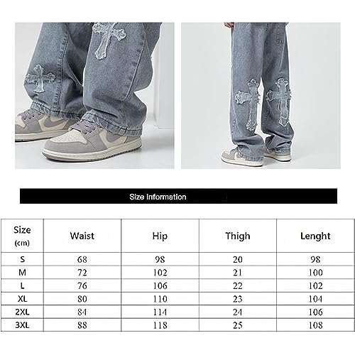 Y2K Vintage Effect Baggy Jeans for Men with Cross Print