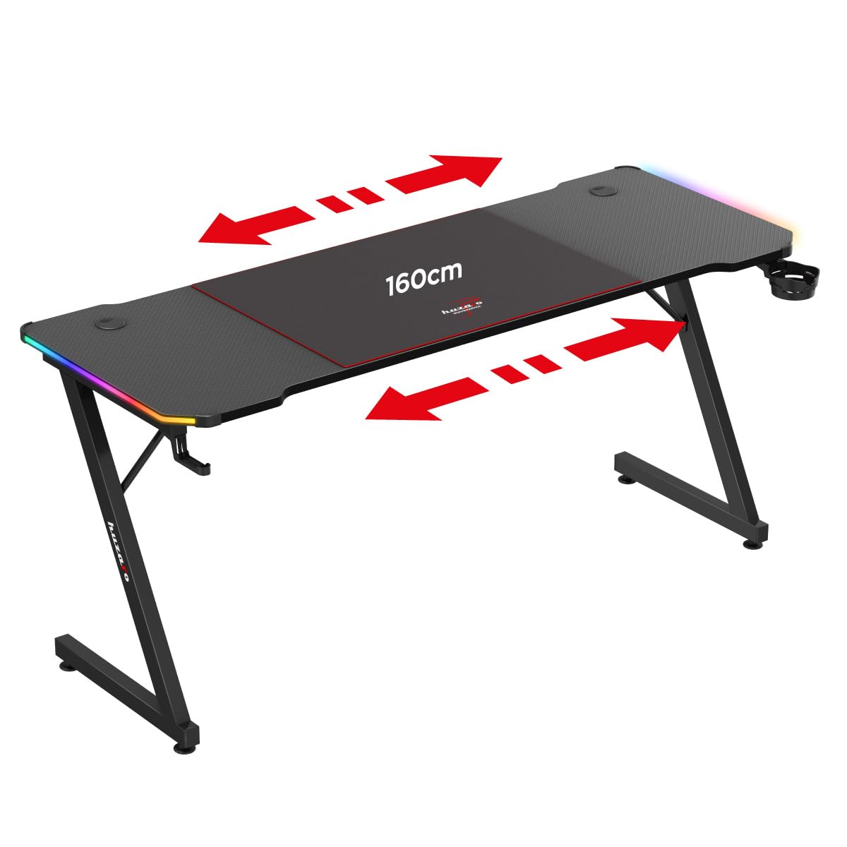 huzaro Hero 4.8 RGB | LED Gaming PC Tisch XXL Schreibtisch | Inklusive Mauspad | Kopfhörerhaken Getränkehalter | Kabelorganisator | Carbon Tischplatte | Stabiler Computertisch | 160x60cm | Schwarz