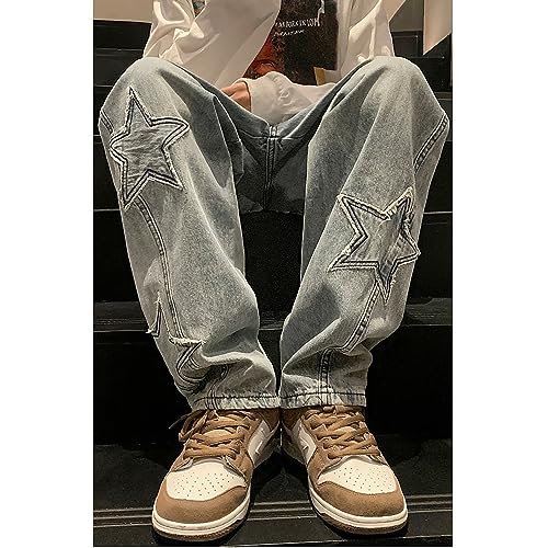 Y2K Vintage Effect Baggy Jeans for Men with Cross Print