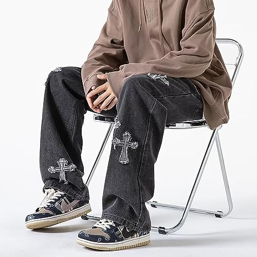 Y2K Vintage Effect Baggy Jeans for Men with Cross Print