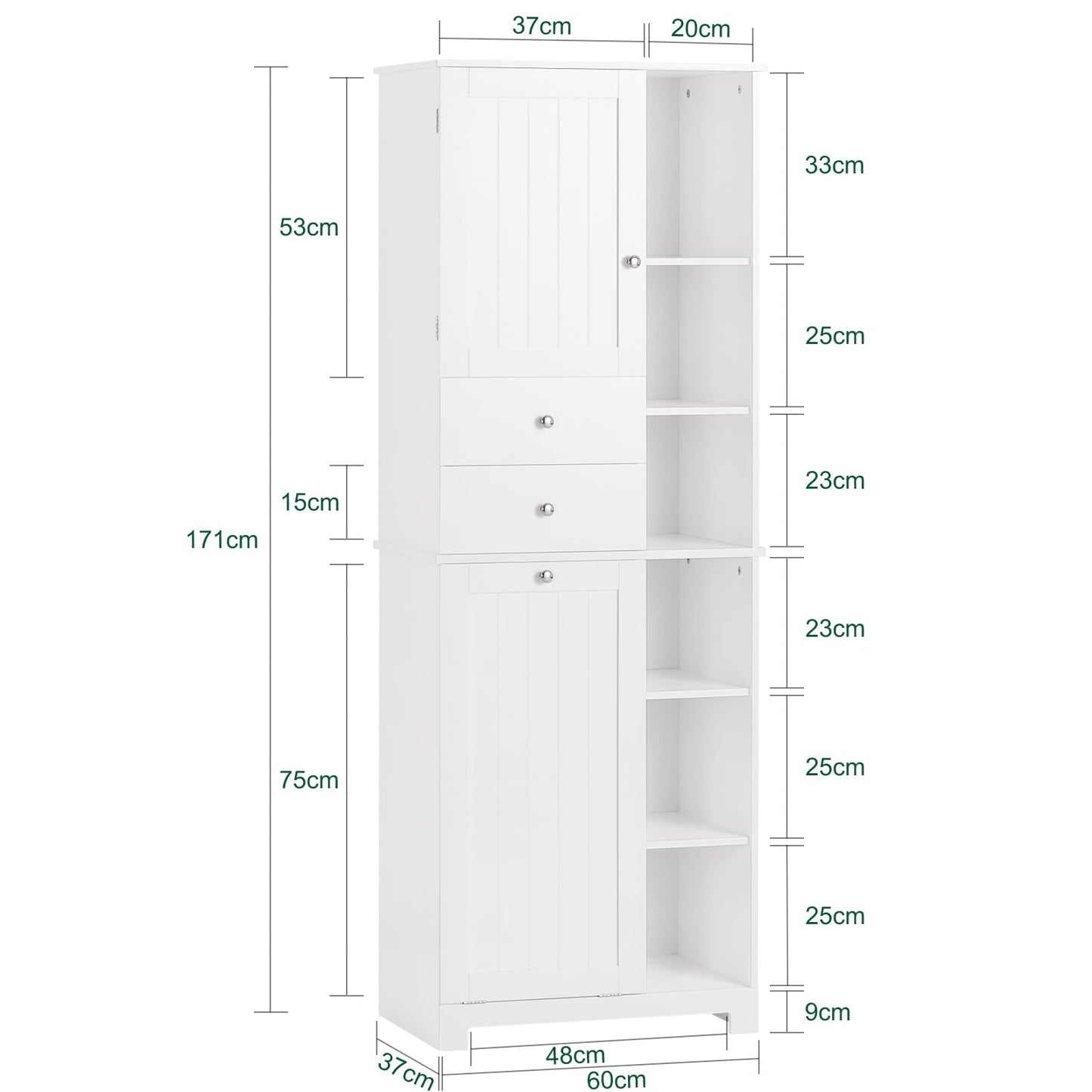 SoBuy Badezimmerschrank mit Wäschekorb Schmaler Badschrank Hoch Badregal Stehend mit 6 Ablagen und 2 Schubladen Wäscheschrank Schmal für Badezimmer Nische Weiß 60x37x171 cm BZR104-W