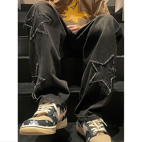 Y2K Vintage Effect Baggy Jeans for Men with Cross Print