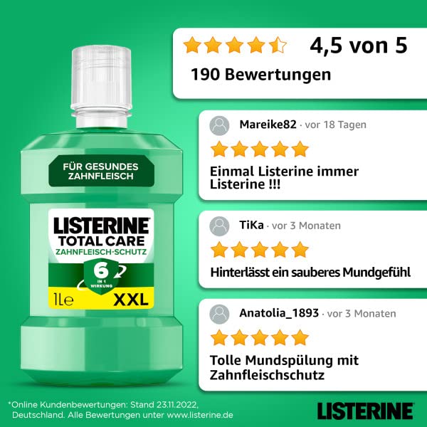 LISTERINE Total Care Zahnfleisch-Schutz (6 x 500 ml), antibakterielle Mundspülung mit Fluorid für gesundes Zahnfleisch, Zahnpflege Mundwasser reduziert Zahnbelag mit 6 in 1 Wirkung