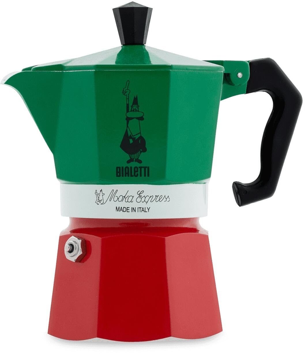 Bialetti - Moka Express Italia Kollektion: Ikonische Espressomaschine für die Herdplatte, macht echten Italienischen Kaffee, Moka-Kanne für 3 Tassen (130 ml), Aluminium, in Rot-Grün-Silber gefärbt