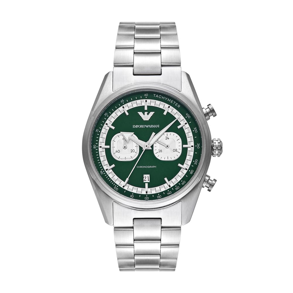 Emporio Armani Uhr für Männer, 2 Unterzifferblätter Chronographenwerk und 43mm Gehäusegröße mit Edelstahl-, Leder- oder Silikonarmband