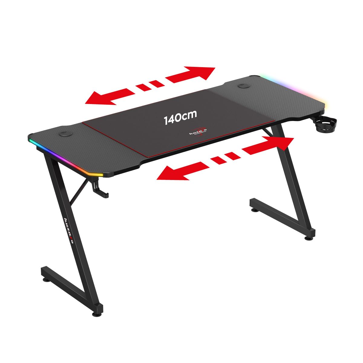 huzaro Hero 4.8 RGB | LED Gaming PC Tisch XXL Schreibtisch | Inklusive Mauspad | Kopfhörerhaken Getränkehalter | Kabelorganisator | Carbon Tischplatte | Stabiler Computertisch | 160x60cm | Schwarz