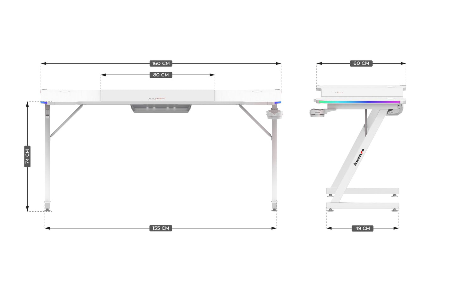 huzaro Hero 4.8 RGB | LED Gaming PC Tisch XXL Schreibtisch | Inklusive Mauspad | Kopfhörerhaken Getränkehalter | Kabelorganisator | Carbon Tischplatte | Stabiler Computertisch | 160x60cm | Schwarz