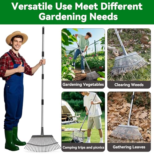 25-Zinken Garten Rechen für Laub, Rasen & Gras, Verstellbarer Langer Stiel Laubrechen, Breiter Metall-Rechenkopf, Ergonomisches Design, Effiziente Reinigung Laubsammler für Garten, Rasen, Moos