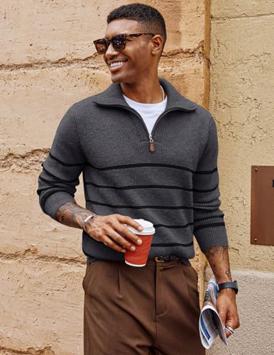 PJ PAUL JONES Men’s Quarter Zip Sweater – Striped Mock Neck Pullover