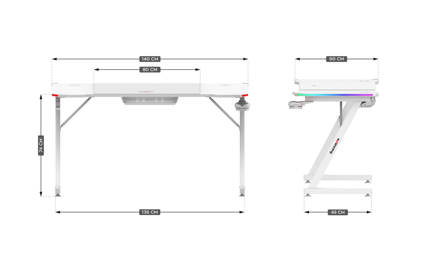 huzaro Hero 4.8 RGB | LED Gaming PC Tisch XXL Schreibtisch | Inklusive Mauspad | Kopfhörerhaken Getränkehalter | Kabelorganisator | Carbon Tischplatte | Stabiler Computertisch | 160x60cm | Schwarz