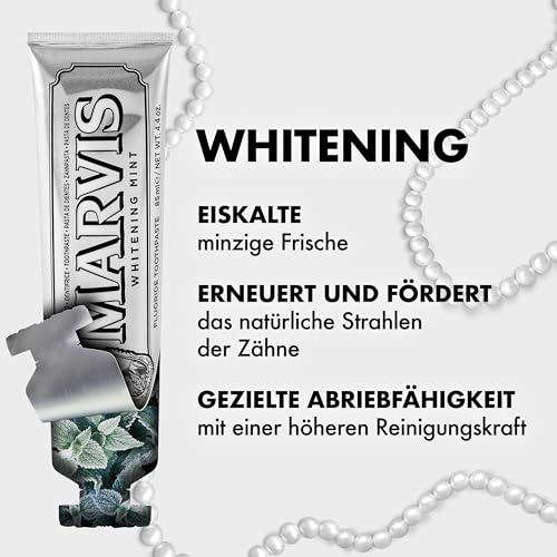 Marvis Whitening Mint Zahnpasta, 85 ml, Whitening Zahnpasta fördert eine natürliche Zahnaufhellung, Zahncreme entfernt Plaque & verleiht langanhaltende Frische