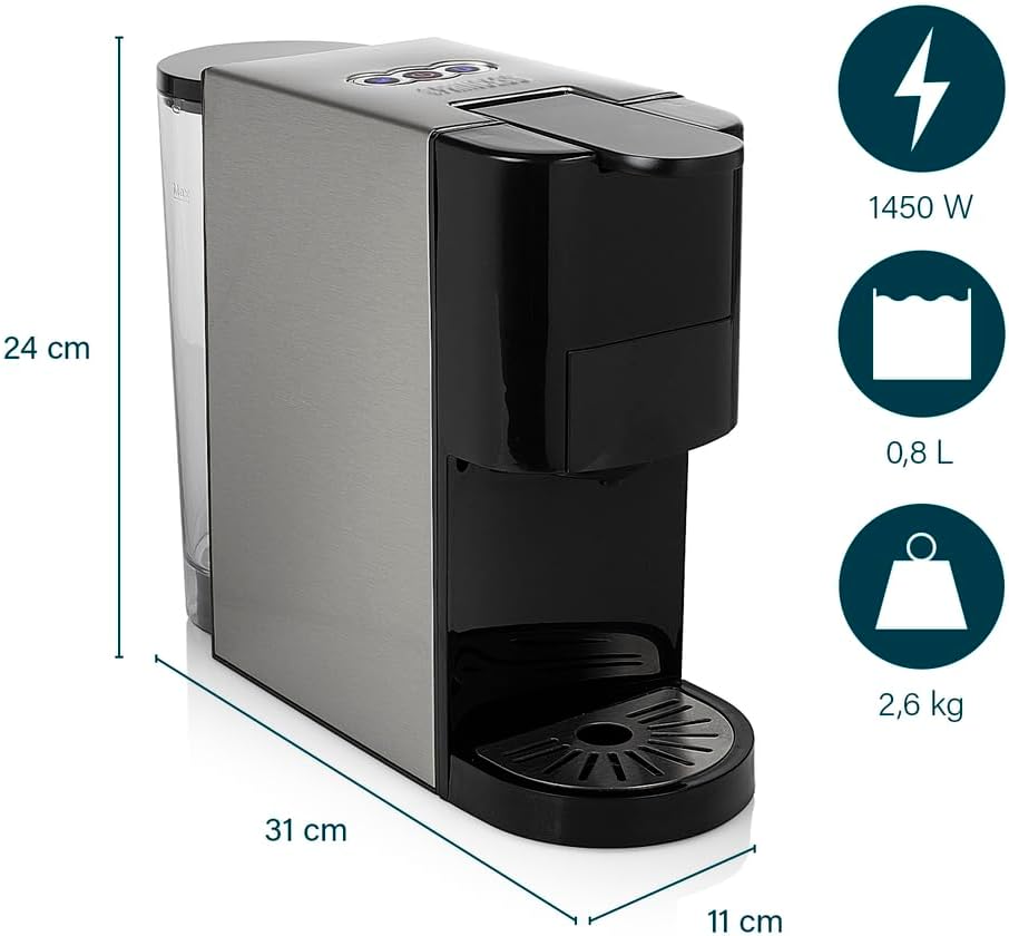 Princess Multicapsel Coffee Machine 4-in-1 - 1450 Watt, Capsule, Pads, Ground Coffee, BPA-Free, Black, Silver
