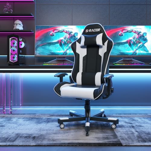 JUMMICO Massage Gaming Chair, Office Chair Ergonomic with Lumbar Support, Computer Chairs Racing Office Chairs Armchair, Height Adjustable Deck Chair Desk Chair 150kg Load Capacity, White