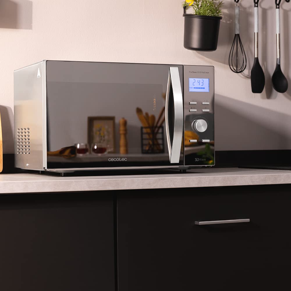 Cecotec Mikrowelle Pro Clean 5110 Inox. 700 W, Grill 800 W, 20 L, Ready 2 Clean, Beschichtung 3D Wave Frontspiegel, 8 Programme,60 Min Timer, LED, Edelstahl In Silber Schwarz