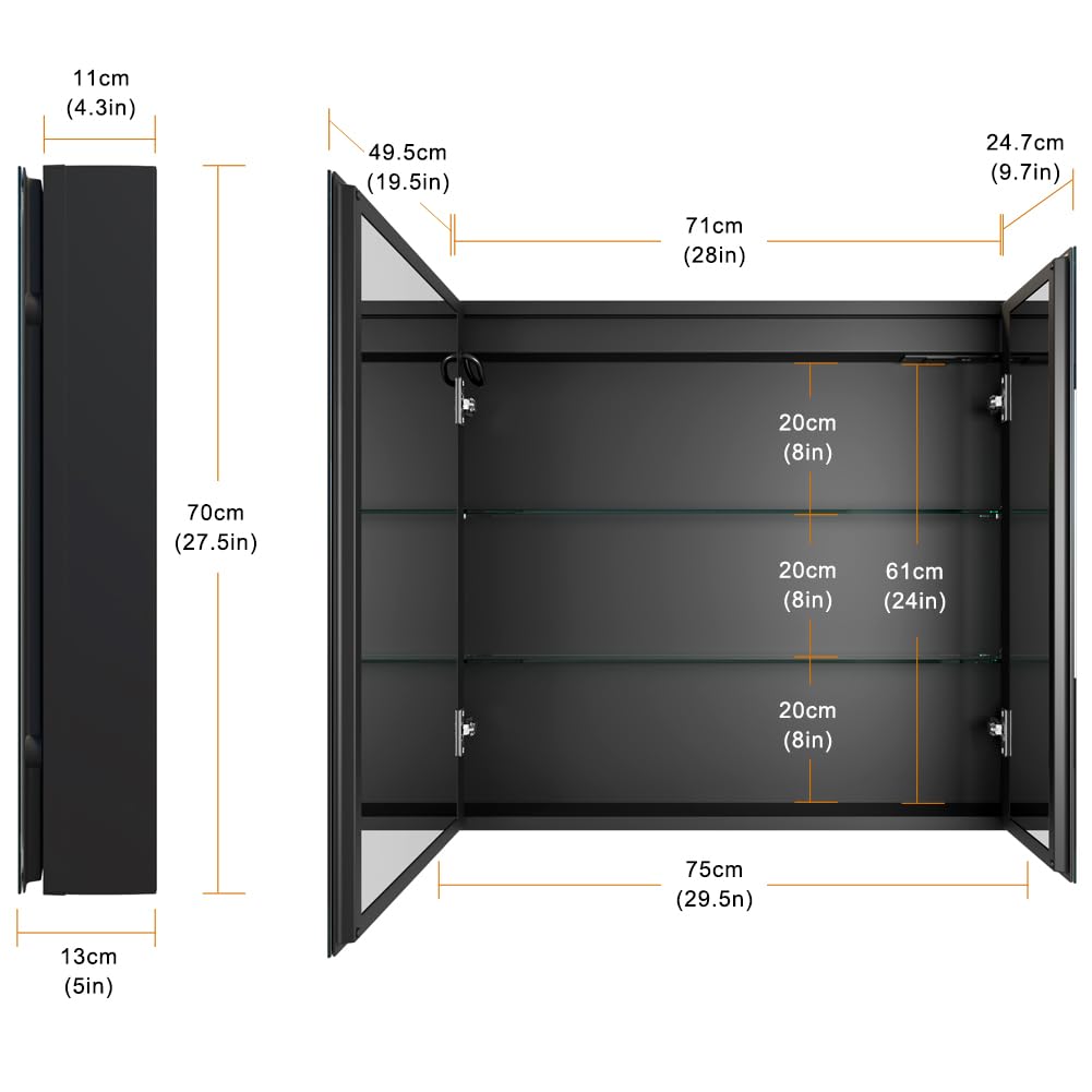 KWW LED Beleuchtetes Badezimmer Medizin Kabinett mit Spiegel, Farbtemperatur Einstellbar, Anti-Nebel Dimmbare Lichter, Steckdosen für USBs (80 x 70 cm)