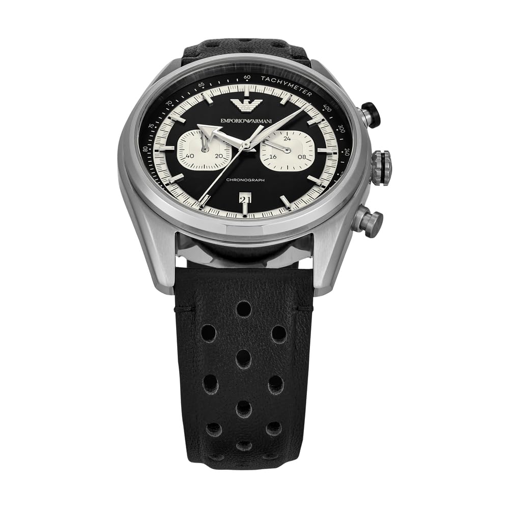 Emporio Armani Uhr für Männer, 2 Unterzifferblätter Chronographenwerk und 43mm Gehäusegröße mit Edelstahl-, Leder- oder Silikonarmband